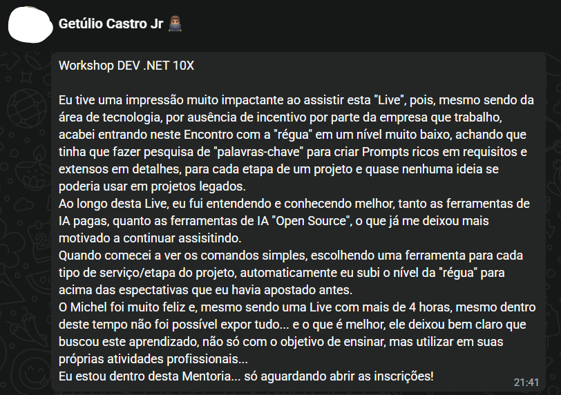 Depoimento de participante do workshop